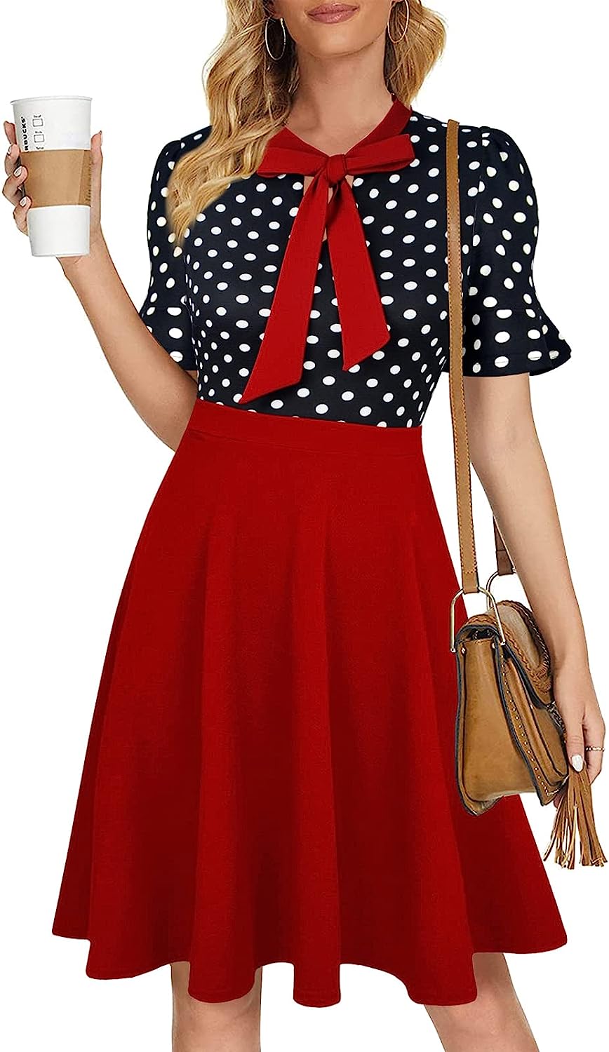 230816035529068_1 Mokayee Womens Summer Bow Tie Neck Semi Formal Ruffle Sleeve Church Office Wedding Guest Work Dresses - Image 1